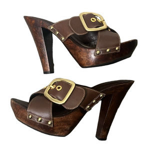 Bebe Women's Size 7 Brown Leather And Wood Mule Heel Gold Buckle And Eyelet Y2K